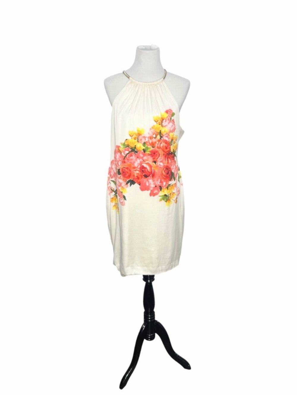 Vintage Caché Floral Silk Halter Shift Dress Ivory | Size 14 Large